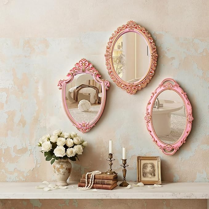 Beeveer 3 Style Vintage Mirrors Set Decorative Oval Wall Mirror Small Antique Mirrored Tray Decorative Hanging Mirror for Bathroom Bedroom Jewelry Organizer Victorian Decor (Shield,Pink) by Beeveer