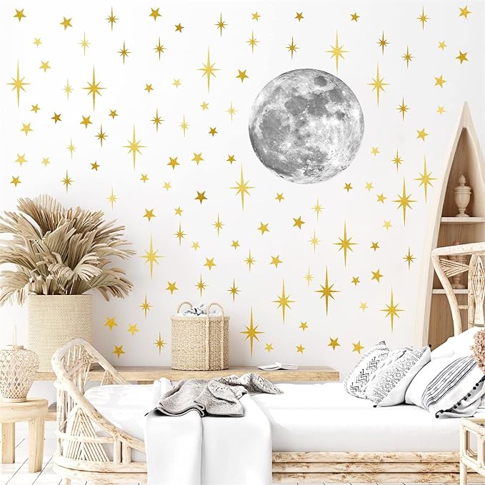 Retro Starburst Wall Decals Stars Wall Sticker Star Moon Vinyl Decal Golden | Celestial decor, sparkle wall stickers decoration, peel and stick, removable art mural, for girls bedroom living room nursery - Image 7