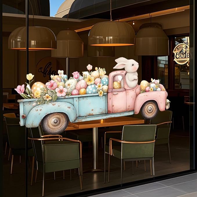 ANNA QUEEN Easter Bunny Truck Wall Decals Peel and Stick Vintage Easter Rabbit Truck Wall Stickers Removable Vinyl Easter Egg Wall Decor for Nursery Kids Room Spring Holiday Wall Art - Image 5