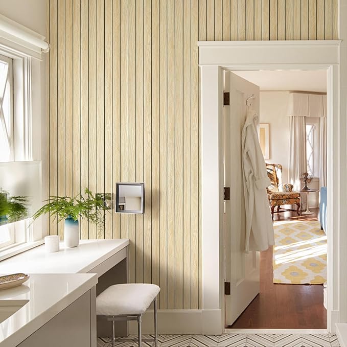 Beige Wood Wall Panels Textured Wood Slats 3D Soundproof Wall Panel | Peel and Stick Shiplap 23.62" x 110.24"Wooden Panel Walls Decor Self Adhesive Wooden Panel Wallpaper for Studio Homes Ceiling - Image 3