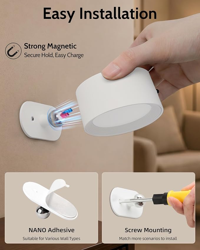 LED Wall Mounted Sconces, Rechargeable Wall Lights, White, 3 Pack | Cordless Design, 3 Color Temperatures, Dimmable, Remote & Touch Control, 360° Rotation, Bedroom & Living Room - Image 8