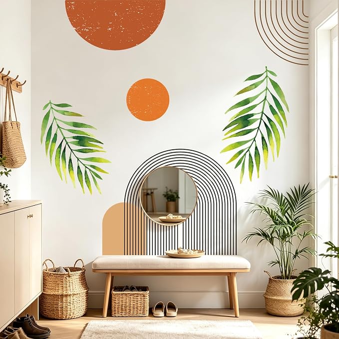 Boho Mid-Century Geometric Arch Palm Leaf Removable Wall Decor Sticker Art | Peel and Stick Archs Sun Vinyl Wall Stickers, Removable Leaves Plants Home Decor for Bedroom Living Room Classroom Office by VePret