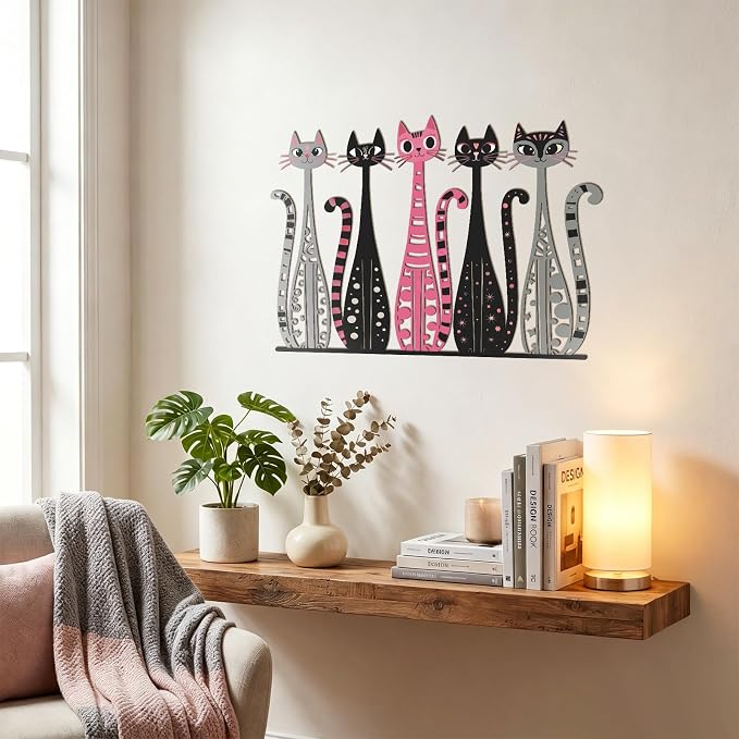 Wesiti Cat Wall Art Decor Metal Sculpture, 5 Retro Cats 10.4x14 Home Decor | Mid Century Geometric Design, Iron Sculptures for Cat Lovers, Living Room Bedroom Kitchen Office Accent Decor Piece - Image 4