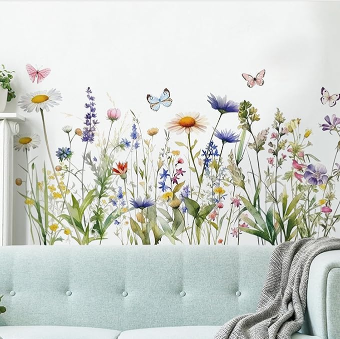 Wildflower Grass Daisy Wall Decals, Garden Floral Butterflies Flower Wall Stickers, BWCXXZH Self-Adhesive Wall Art Stickers for Girls Bedroom Living Room Nursery Decor - Image 3