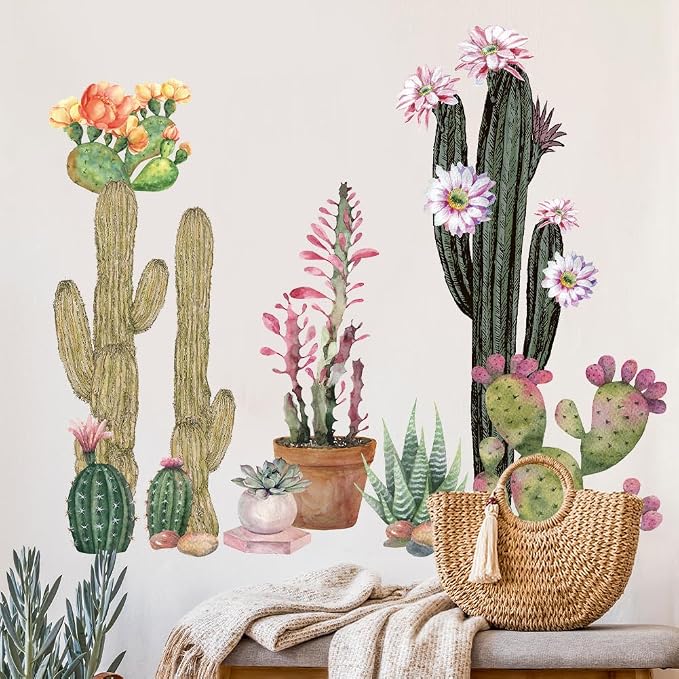 Cactus Wall Stickers Boho Cacti Wall Decal Tropical Green Plant Wall Art Decor Peel and Stick Flower Potted Wall Sticker for Living Room Bedroom by Aurbhosa