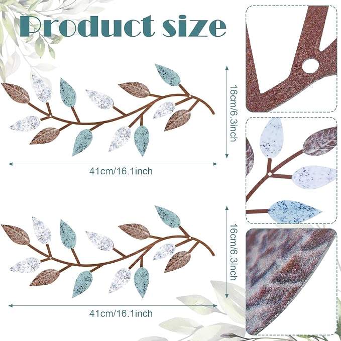 Zhengmy 2 Pcs Metal Leaf Wall Art Vine Branch Decor,Blue Brown Colors | Olive Branch Metal Decor for Living Room Hallway, Symmetrical Leaf Pair for Doorway Entryway, Lightweight Hanging Art Design - Image 2