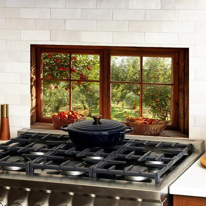 Apple Orchard Kitchen Backsplash Peel and Stick, 30x16 in | Wood frame window view of apple orchard with harvest baskets; flat 2D waterproof peel and stick; wipe clean; 30x16 in - Image 2