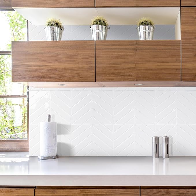 STICKGOO Herringbone Peel and Stick Backsplash, Pure White, 10 Sheets | 12.6 x 9.7 in, Thicker Rectangular Vinyl Stick-On Wall Tiles, Easy Alignment, Waterproof, Easy to Clean, Kitchen/Bathroom - Image 3