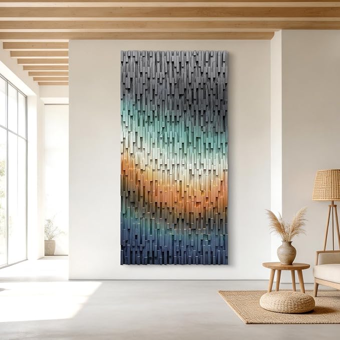 LIUZEYUE Large-Scale Wood Wall Art Featuring Architectural Wood Strips | abstract wall art; cool gray and amber, organic wood grain; executive suite feature-wall statement; 35.4 x 70.9 in - Image 7