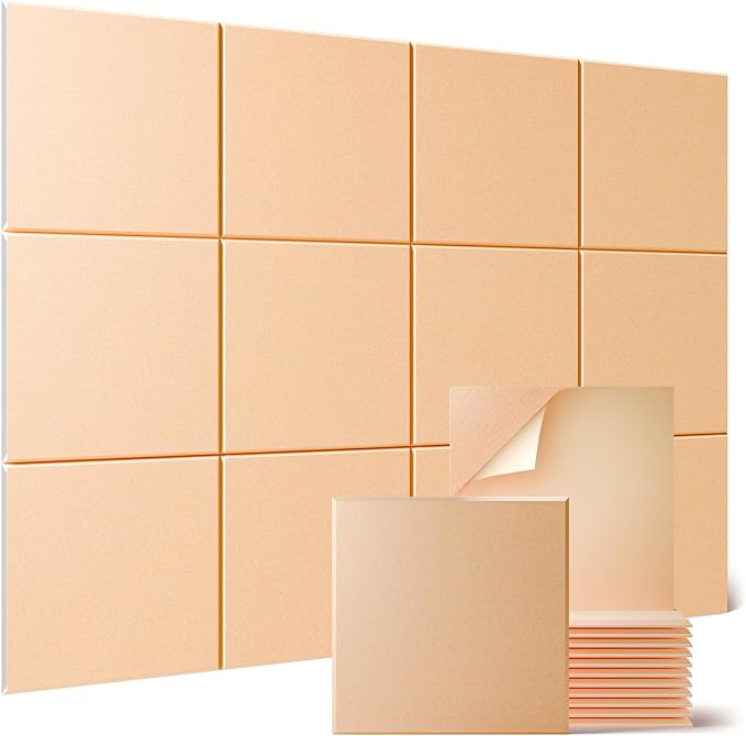 Sonicism 12 Pack Acoustic Wall Panels with Self-Adhesive, 12" X 12" X 0.4" Sound Proof Foam Panels, Decorative Soundproof Wall Panels, Sound Proof Absorbing Tiles for Home & Offices, Pale Apricot by Sonicism