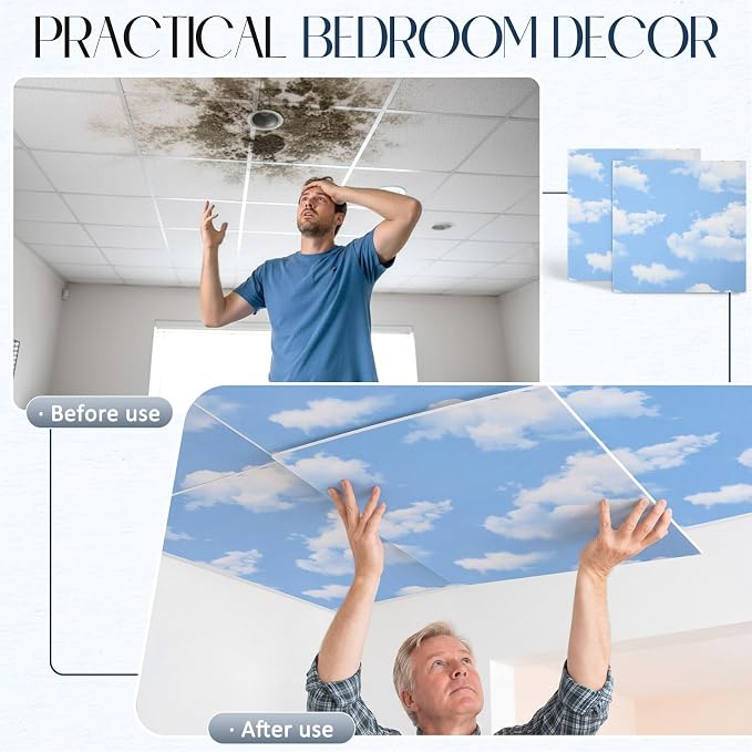 Nuanchu 40 Pcs 11.81 x 11.81 Inch Ceiling Tiles Peel and Stick, Sky | Foam White 3D Wall Panels 26-105.5 Sq. ft Adhesive Glue up Waterproof Wallpaper for DIY Office Home - Image 3
