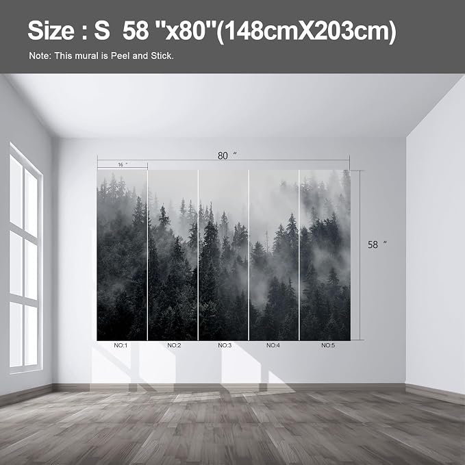 Misty Forest Landscape wall murals Woodland Tree Peel and Stick self Adhesive Wallpaper for Bedroom Living Room - 58"x80" - Image 2