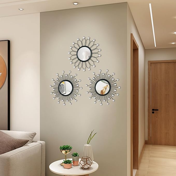 3 Pack Metal Mirrors for Wall Sunburst Wall Mirrors Home Décor Decorative Hanging Wall Art for Living Room Bedroom Entryway (Black Crystal, Flower+Sunburst) - Image 7
