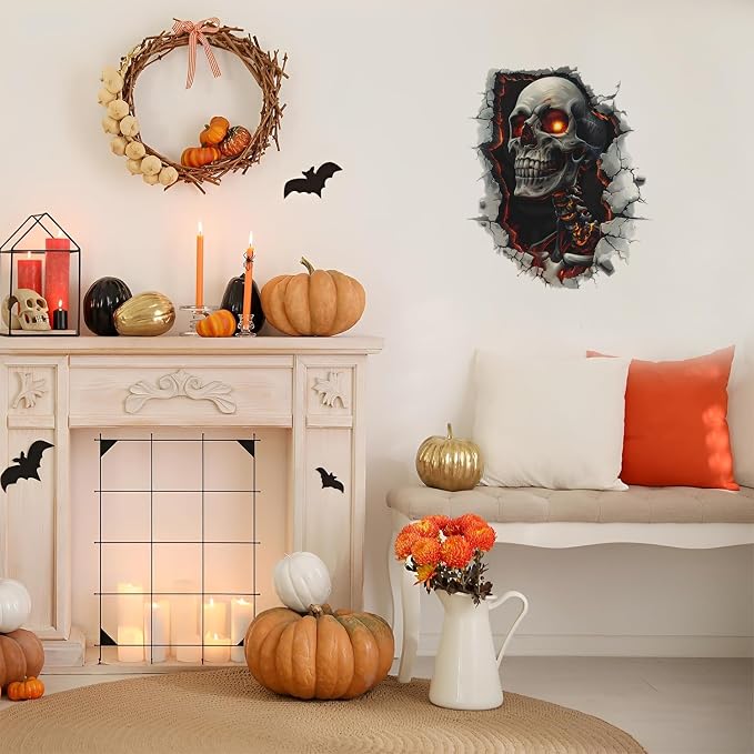 Halloween Skull Wall Decals Scary Skeleton Breaking Through Wall Sticker Flaming Eyes Grim Reaper Removable Vinyl Window Murals Haunted House Horror Theme Party Home Room Decorations - Image 7