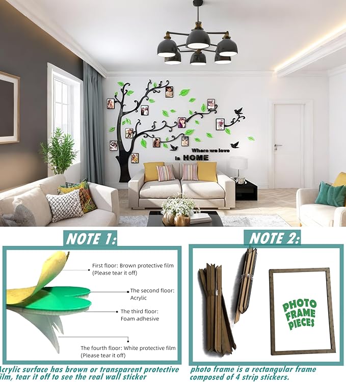 3D Tree Wall Stickers - DIY Photo Frame Tree Wall Decal Family Photo Frame Sticker Murals Wall Decor Living Room Bedroom TV Background Home Decorations (S:54 * 39in,Pale Green Right) - Image 5