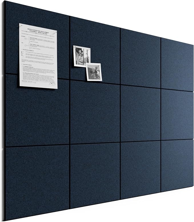 Bumusty 48"x 36" Large Felt Bulletin Board Tiles, Carbon Blue | 12-Pack Cork Board Alternative, Wall Decor, 30 Pushpins, 60 Adhesive Tabs, Vision Board, Office, Classroom, Home, Dorm by BUMUSTY