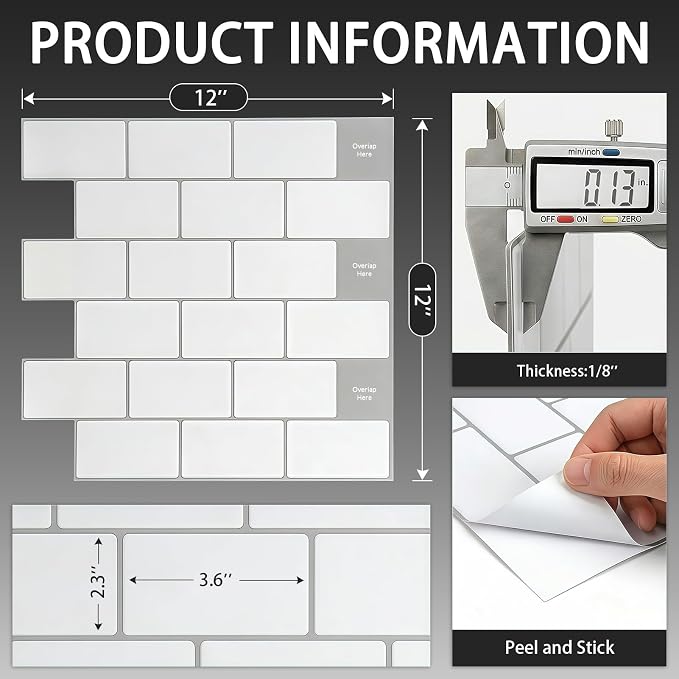 Arttown Peel and Stick 3D Wall Backsplash, 20-Sheet, 12" × 12" White | Subway Tile Self Adhesive Thicker Design Wall Tiles Panel Wallpaper for Kitchen Bathroom Balcony - Image 3