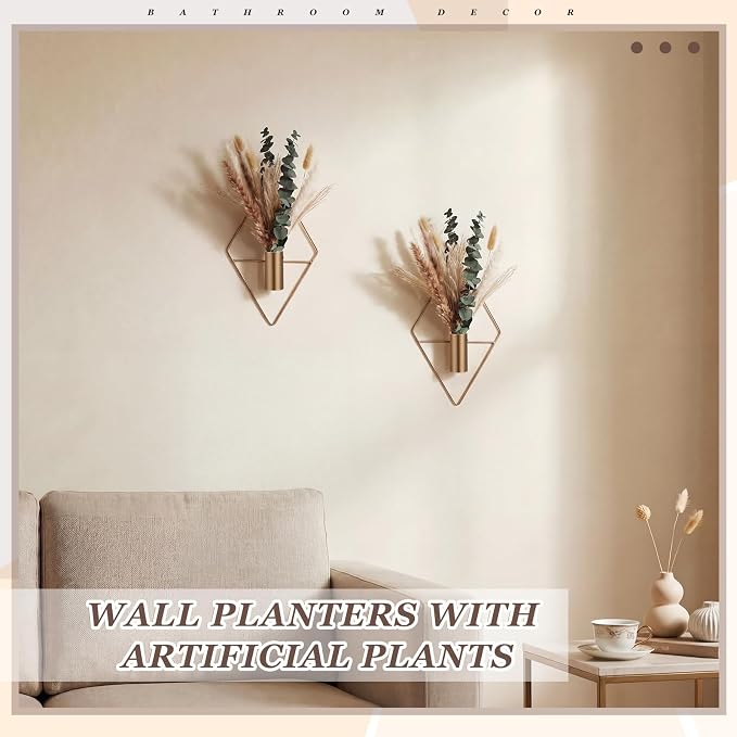 Jexine 4 Pcs Hanging Artificial Planters Wall Decor, Antique Copper, Pampas | Bathroom Wall Decor, Geometric Metal Vase, Indoor Plants, Living Room, Home Office, Entryway, Boho Accent, Wall Mounted - Image 7