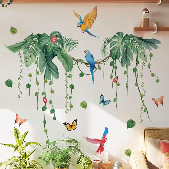 2 Sheets Jungle Wall Decals Peel and Stick Removable Vine Wall Stickers & Murals for Living Room Bedroom Vinyl Jungle Nursery Decor Tropical Wallpaper Green Plants Leaves Wall Decals with Parrot Birds - Image 2
