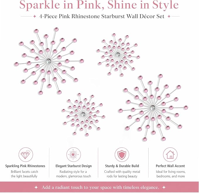 ZEXUIRU 4 Set Silver Starburst Wall Art for Home Decor Metal Bling Crystal Rhinestones Sunburst Wall Decor Sparkling Rhinestone Art Accent Silver - 13 in - Image 7