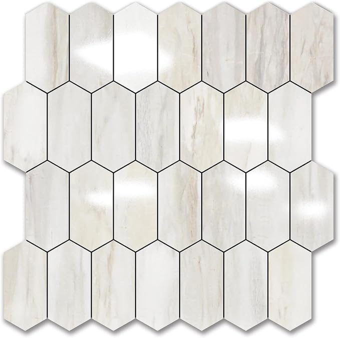 Vamos Tile Long Hexagon Peel and Stick Backsplash Tile - 1 Sheet Stick on Backsplash for Kitchen and Bathroom 12.4 x 12 Inch Glossy Wood Grain PVC Self Adhesive Mosaic Wall Tiles by VamosTile