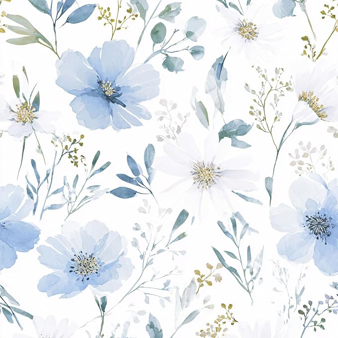 Light Blue Floral Peel and Stick Wallpaper, 17.7in x 118in | Self-adhesive and removable watercolor flower design for bedroom, living room, and accent wall by Akodm