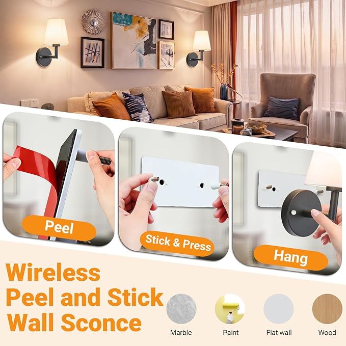 Nekhung Battery Operated Wall Sconce, Peel and Stick Sconces Set of 2 | Wireless Adhesive Stick On Wall Sconce, 10000mAh Rechargeable RGB Bulb with Remote, No Drill Wall Light for Bedroom Decor - Image 3