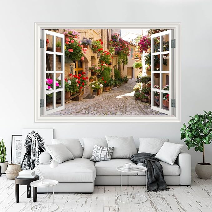 Fake Window Wall Decals Spring Italy Rose Alley Flower Wall Art Sticker | ｜Faux Window Natural Scenery Landscape Mural ｜ Stick and Peel Wall Decal｜Room Bedroom Office Decor｜Large Murals 66"x48" - Image 5