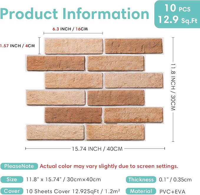 Commomy 3D Faux Brick Peel and Stick Wall Sticker - 10pcs 15.74" x 11.8" | Ultralight Thin PVC 3D Wall Panels Fake Brick Paneling for Home Office,Bedroom,Quick DIY Home Decor(12.92 sq.ft) - Image 5