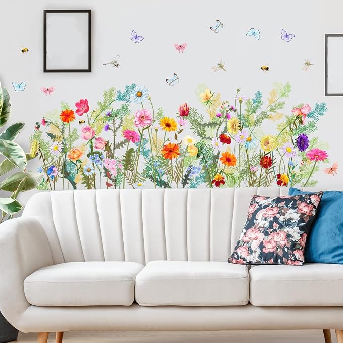 Wildflower Wall Decals, Colorful Floral with Butterflies, Bees and Dragonflies, Peel and Stick Removable Vinyl Stickers for Bedroom Living Room, 49.2x25.5in, 2 Sheets - Image 4