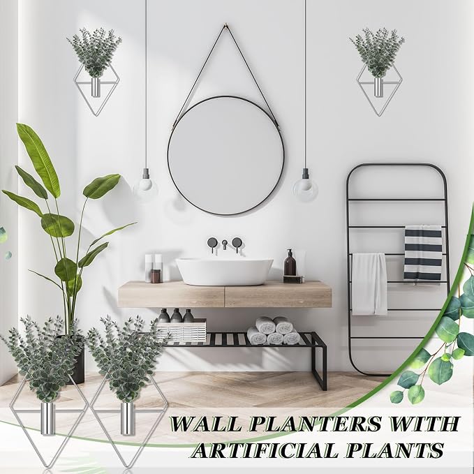 Jexine 4 Pcs Hanging Artificial Planters Wall Decor, Chrome, Eucalyptus | Bathroom Wall Decor, Geometric Metal Vase, Indoor Plants, Living Room, Home Office, Entryway, Boho Accent, Wall Mounted - Image 6