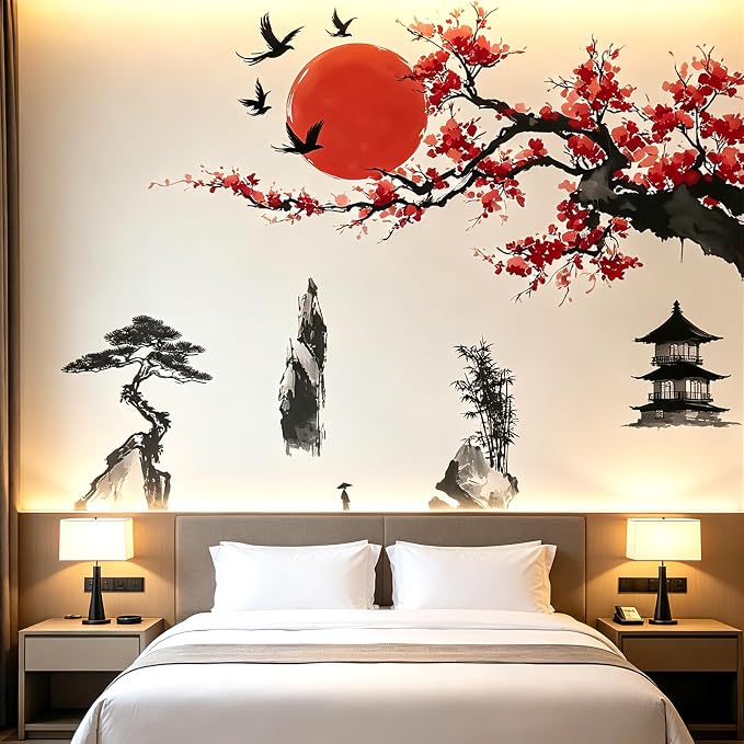 Chinese Landscape Wall Decals Peel and Stick, Large Cherry Blossom Tree Wall Stickers & Murals, Removable Home Decor Art for Bedroom Living Room Classroom Office - Image 7