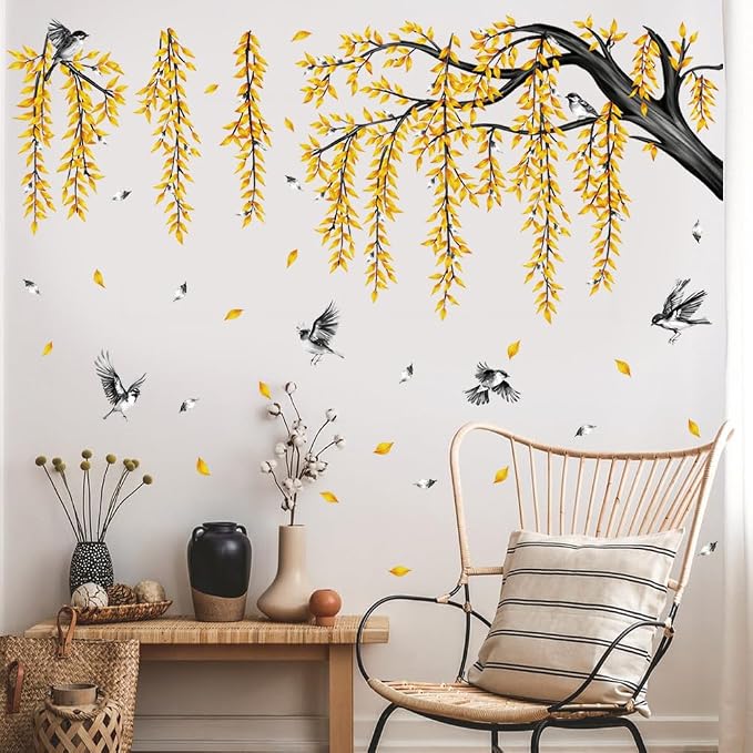 Fall Large Tree Branch Wall Decals Hanging Autumn Yellow Leaves Wall Stickers Peel and Stick Leaf Branch Bird Wall Decor for Living Room Bedroom Tv Background Decor - Image 5