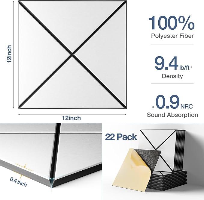 22 Pack X-Line Design Acoustic Panels, 12" X 12" X 0.4" Self-Adhesive Sound Proof Foam Panels for Walls, Soundproof Wall Panels for Home & Office (White on Black) - Image 4