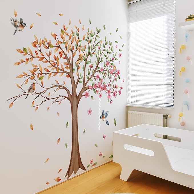 3 Sheets Large Tree Wall Decals Stickers Removable Floral Murals Peel and Stick Colorful Tree of Life Art Vinyl Living Room Decor with Flowers & Birds for Classroom Girls Bedroom Kids Nursery Office - Image 2