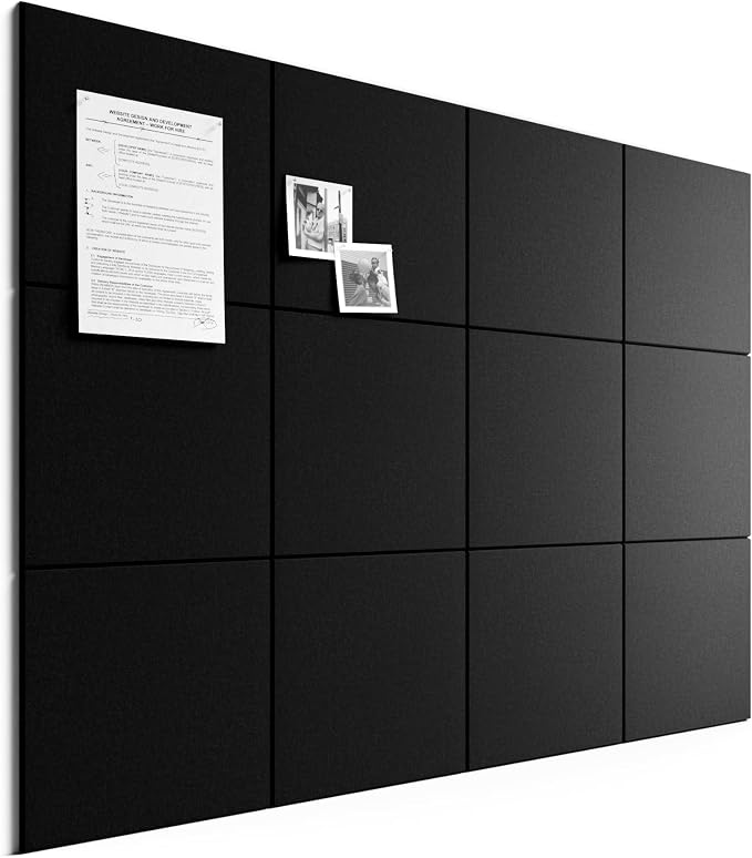 Bumusty 48"x 36" Large Felt Bulletin Board Tiles, Black | 12-Pack Cork Board Alternative, Wall Decor, 30 Pushpins, 60 Adhesive Tabs, Vision Board, Office, Classroom, Home, Dorm by BUMUSTY