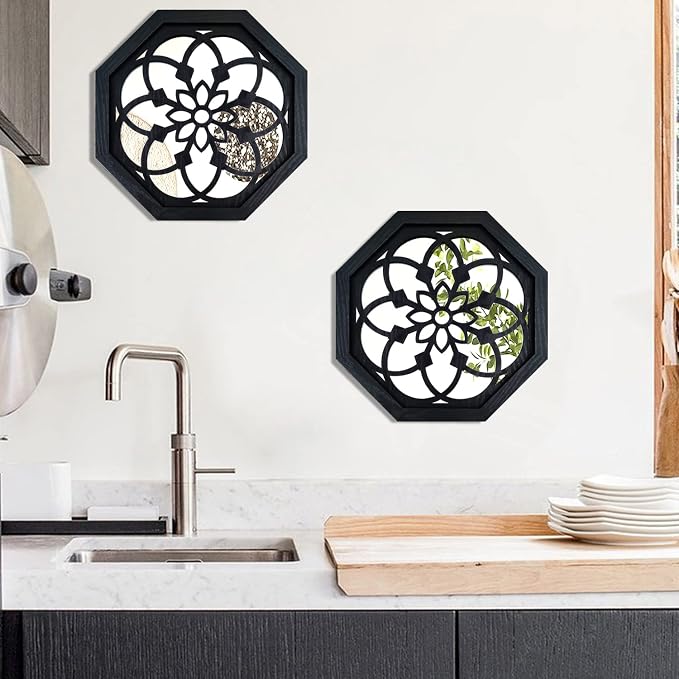 ZOLAPI 2-Piece Octagon Wall-Mounted Mirrors,Vintage Farmhouse Mirror for Wall Decor,Black Decorative Accent Mirror for Foyer, Bathroom, Bedroom. (12”x12”) - Image 4