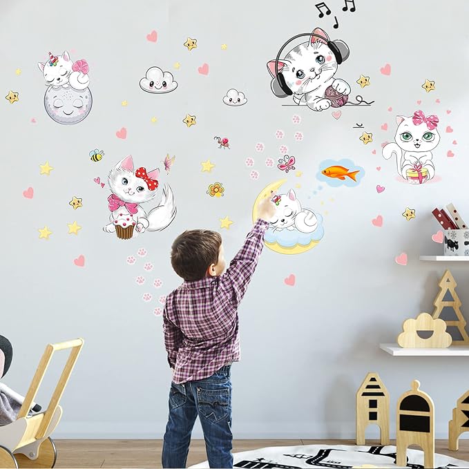 Glow in The Dark Stars for Room,Cats Glowing Wall/Ceiling Decals, Kitten Butterflies Stickers for Kids Bedroom, Clouds Bees Luminous Wall Decor for Boy and Girl Living Room - Image 5