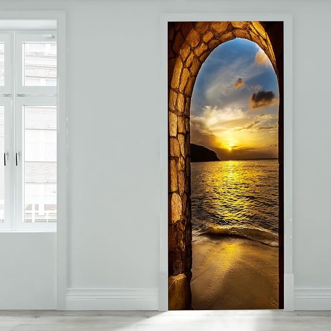 artfanke 3D Door Sticker Peel and Stick 30.3"x78.7"-Self-Adhesive Door Murals Wallpaper - Sunset Beach Arch Ocean Wall Decals Waterproof for Bedroom Decor (2 Sheets/Set) - Image 3