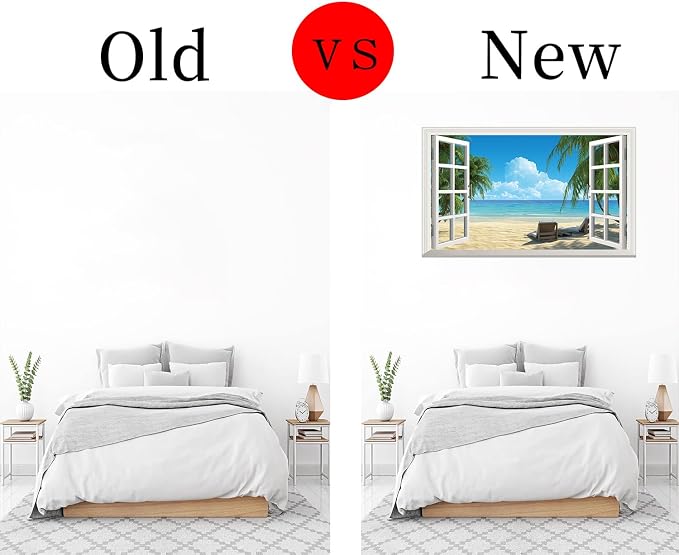 ‌Lmyhome Fake Window Wall Mural Summer Blue Sky White Beach (16"x24") | Peel and Stick Faux Window Wall Sticker Decal Poster for Bedroom Home Decor - Image 5