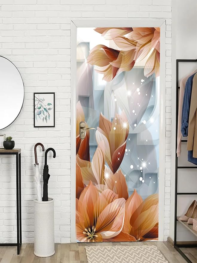 artfanke 3D Peel and Stick Door Sticker 33.5"x84.6"- Self-Adhesive Door Wallpaper Murals Decal Wall Poster Brown Flowers for Home Decor (2 Sheets/Set) - Image 6