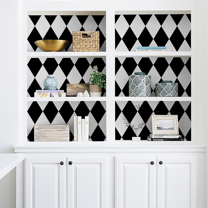Black and White Peel and Stick Wallpaper Diamond Wallpaper Rhombus Contact Paper 17.3"x120" Lattice Self Adhesive Waterproof Vinyl Roll for Bathroom Kitchen Backsplash Cabinets - Image 4