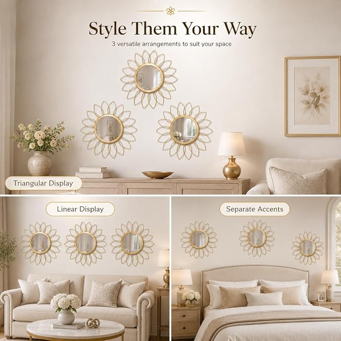 Gold Flower Mirror Set of 3, 3PCS Metal Round Decorative Wall Mirrors, Floral Petal Accent Mirror Wall Decor for Living Room, Bedroom, Entryway & Bathroom - Image 6