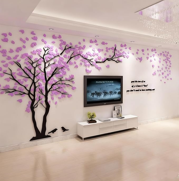 Family Tree Wall Decor Decals - DIY 3D Tree of Life Wall Art Large Decal Stickers Silver Decor Living Room Mural for Bedroom Hallway Home TV Background (Purple Left,M-98X51in) - Image 6
