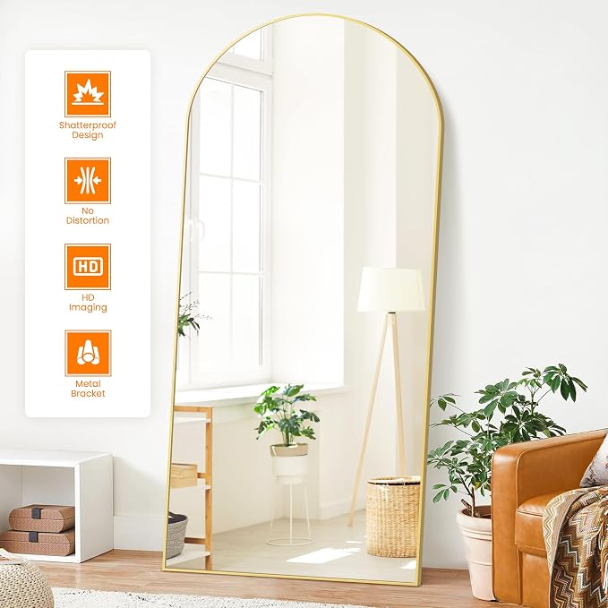 Arched Full Length Mirror, 75"x35" Standing Body Mirror for Wall, Gold - Image 2