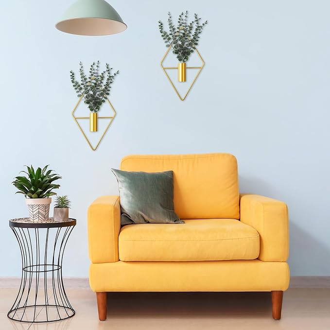 Jexine 4 Pcs Hanging Artificial Planters Wall Decor, Gold, Eucalyptus | Bathroom Wall Decor, Geometric Metal Vase, Indoor Plants, Living Room, Home Office, Entryway, Boho Accent, Wall Mounted - Image 4