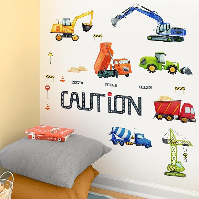 Mfault Baby Boys Construction Caution Vehicle Wall Decals Stickers | Large Trucks Tractor Excavator City Nursery Playroom Decorations Kids Room Art, Classroom Bedroom Home Decor Birthday Gift - Image 6