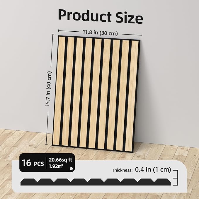 WADILE 16 Pack Self Adhesive Acoustic Wall Panels in Wood Look 11.8"x15.7" | Soundproofing PVC Slats on Felt, Decorative Wall Panels for Living Room & Bedroom Accent Wall - Image 8