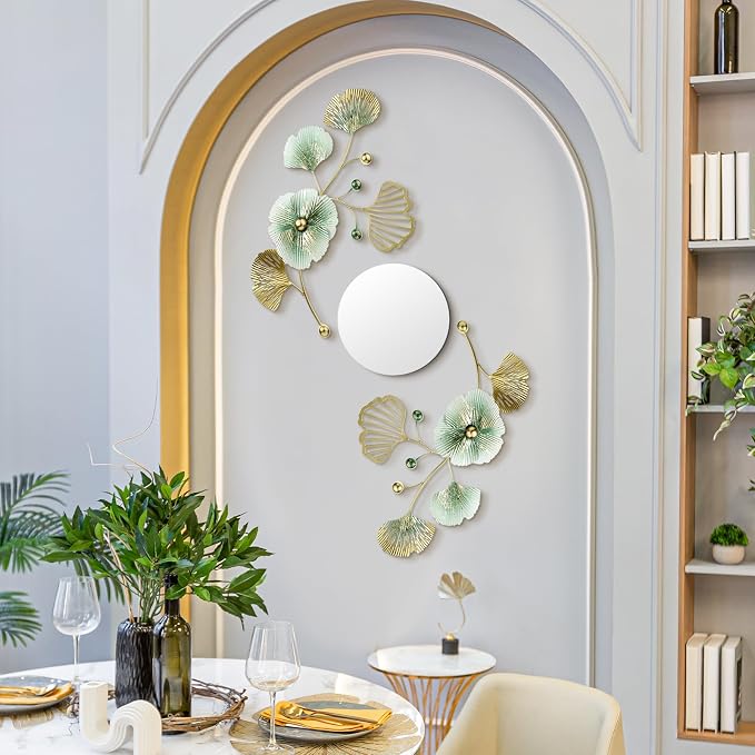 Tandefio 3 Pcs Metal Decorative Wall Mirrors for Living Room Metal Ginkgo Leaf Mirror Modern Creative Wall Decor Art Hanging Decor Mirror for Entrance Bedroom Living Room (Gold Green,16.inches) - Image 6