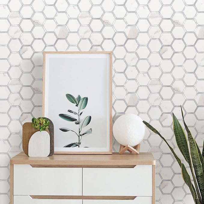 STICKGOO Hexagon Peel and Stick Backsplash Tile, Stick on Backsplash for Kitchen and Bathroom, White Marble Look PVC Mixed Metal Silver Self Adhesive Wall Tiles(10 Sheets, Seamless) - Image 6